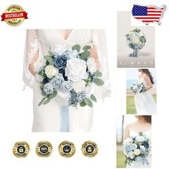 Elegant Dusty Blue Wedding Flowers Bouquet – Large 13″ Silk Roses, Perfect Bride