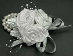 Handmade Bridal Satin Rose Wrist Corsage, Silver Anniversary Corsage 5″