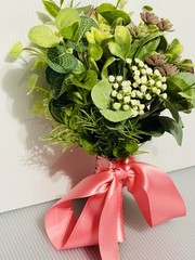 Silk Succulents Eucalyptus Misc Bridal Bouquet Small Pink Satin Ribbon Prom