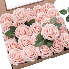 Artificial Flowers 25pcs Real Looking Blush Foam Fake Roses with Stems for