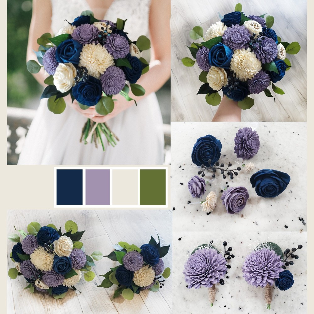 Lavender & Navy Bridal Bouquet Sola Wood Purple Blue Wedding Flowers Bridesmaid