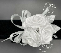 Handmade Bridal Satin Rose Wrist Corsage, Silver Anniversary Corsage 5″