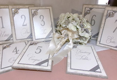 Vtg Wedding Handmade Brooch Bouquet Flowers~Rhinestones~+Table Tents Bridal Lot