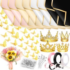 195Pcs Flower Bouquet Supplies – Wrapping Paper, Gold Crowns, Butterflies & Ribb