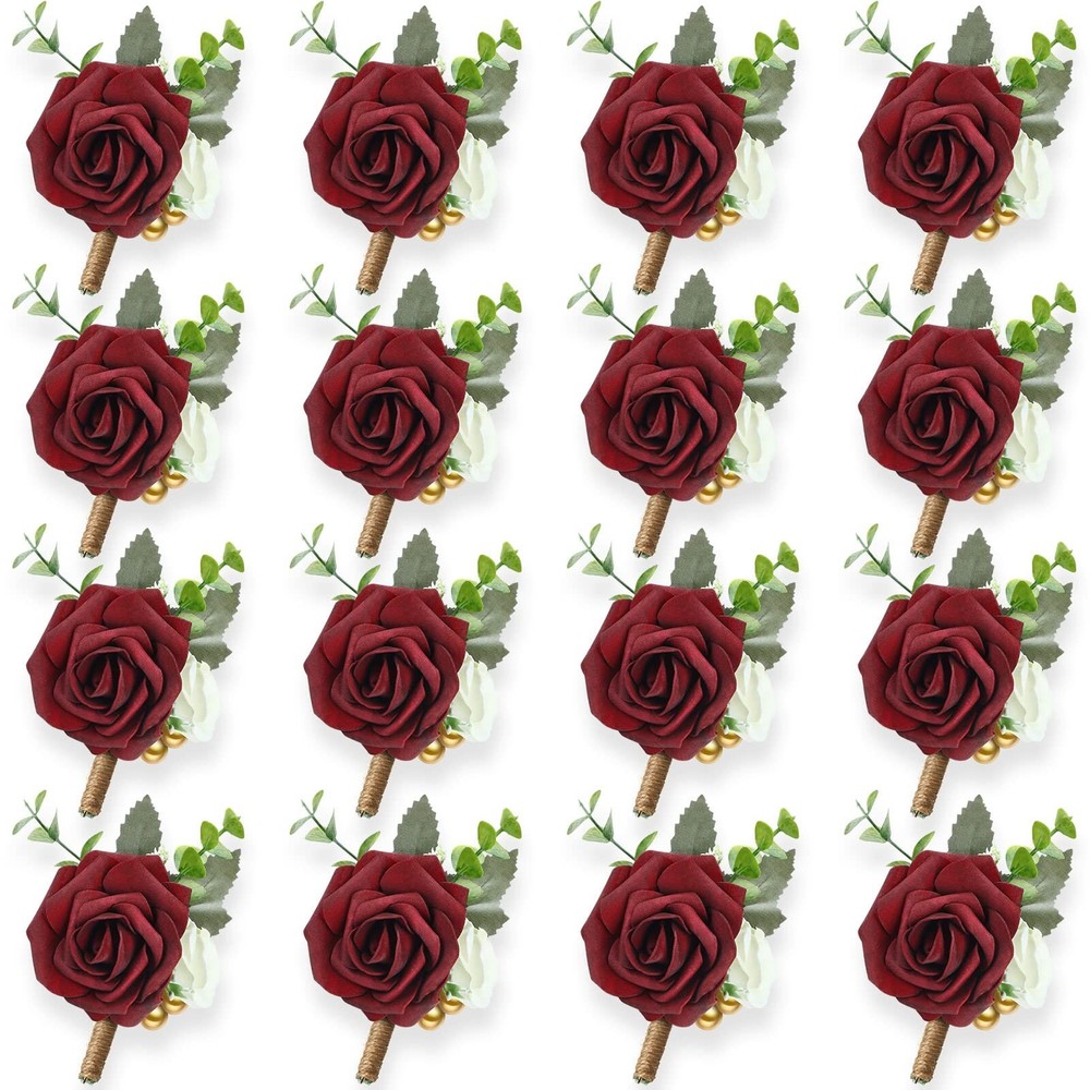 15 Pcs Burgundy Boutonniere for Men Rose Wedding Boutonniere with Pin Groom G…