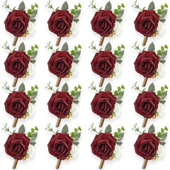 15 Pcs Burgundy Boutonniere for Men Rose Wedding Boutonniere with Pin Groom G…