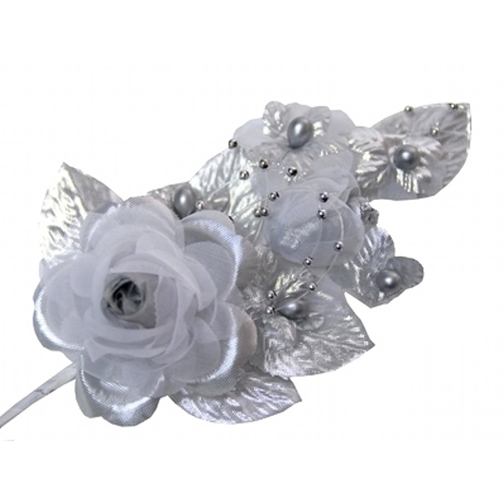 3 silver Silk Pearl & organza flower Corsages 5″x 2.5 with pearl pin