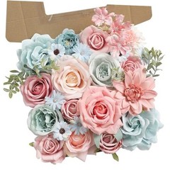 Artificial Flowers Combo Set Fake Flower Leaf Box with Stemst for Blue Pink