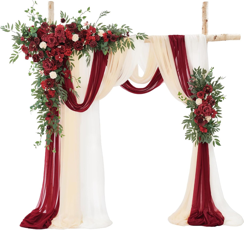 Deluxe Wedding Arch Flowers Kit with 3 Sheer Drapes – 5Pcs Silk Arrangements