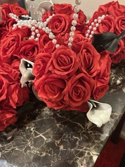 Handmade. Set Of 7 Red Flower/Lillies Balls with Pearl Handle Bridesmaid Bouquet