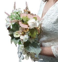 Bridal Wedding Bouquet Hand made Budget Friendly Faux Flowers White Pink Green