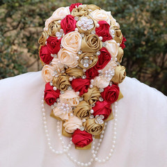 Elegant Satin Rose Bridal Bouquet – Gold, Apricot & Ruby Red, 17.3″ x 8.7