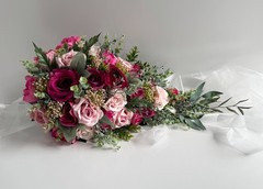 Cascading Wedding Bouquet Hot Pink Dusty Pink Roses Berry Flower Eucalyptus Gum