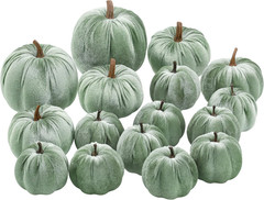 16pcs Fabric Artificial Pumpkins Set Lake Green Velvet Decoration Pumpkins Lifel