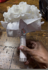 Handmade White Artificial Rose Wedding Bridal Bouquet w/ Ribbon Handle 9 in