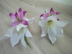 Wedding Bouquet White Lilies Ribbons Purple Orchids Tulle Men’s Corsages