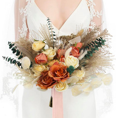 Burnt Orange Pampas Bridal Bouquet – 15.7″ Boho Wedding Flowers