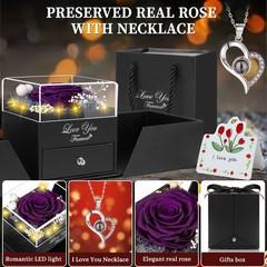 FOCIE Preserved Purple Real Rose with I Love You Necklace -Eternal