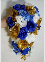 Royal Blue White Gold Rose Bridal Wedding Bouquet Accessories