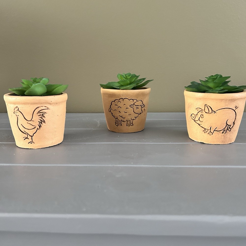 Set Of 3 Ceramic Farm Animal Pots With Faux Succulents 3.5” Tall Each