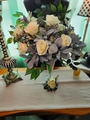 Steel Blue Wedding Bouquet, Dusty Blue, Ivory, Silk Roses, Men’s Boutonniere 