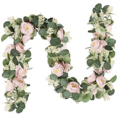 2 Pcs Pink 6.6Ft Artificial Eucalyptus Flower Garland with Fake Rose Pink-2pcs
