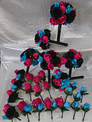 Wedding Bouquet Set – Black, Bright Pink, Turquoise Rose Flowers – 26 pieces