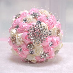 Handmade Luxury Rose Silk Pearls Rhinestone Brooch Wedding Bridal Bouquet Ivory