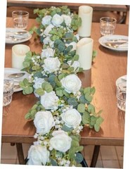 6FT Artificial Eucalyptus Garland with Flowers, 10 Roses Baby Breath White