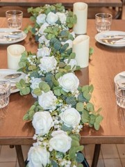 6FT Artificial Eucalyptus Garland with Flowers, 10 Roses Baby Breath White