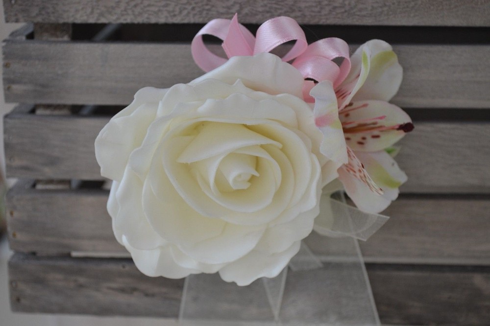 Wrist corsage for wedding prom ball grad. Diamante/pearl/ ribbon bracelet bride
