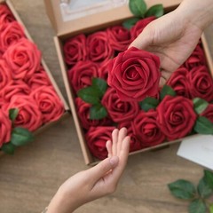 Ling’s Moment Artificial Flowers 50Pcs Crimson Red Roses Decor w/Stems,3″ Rea…