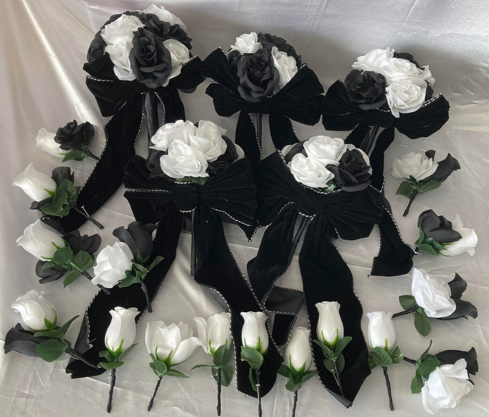 Wedding Bouquet Set, Black & White Roses, Black Velvet Bows, 21 Pc Flowers