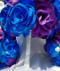 25 pc, Wedding Bouquet Package, Blue & Purple Roses, White Flower, White Ribbon