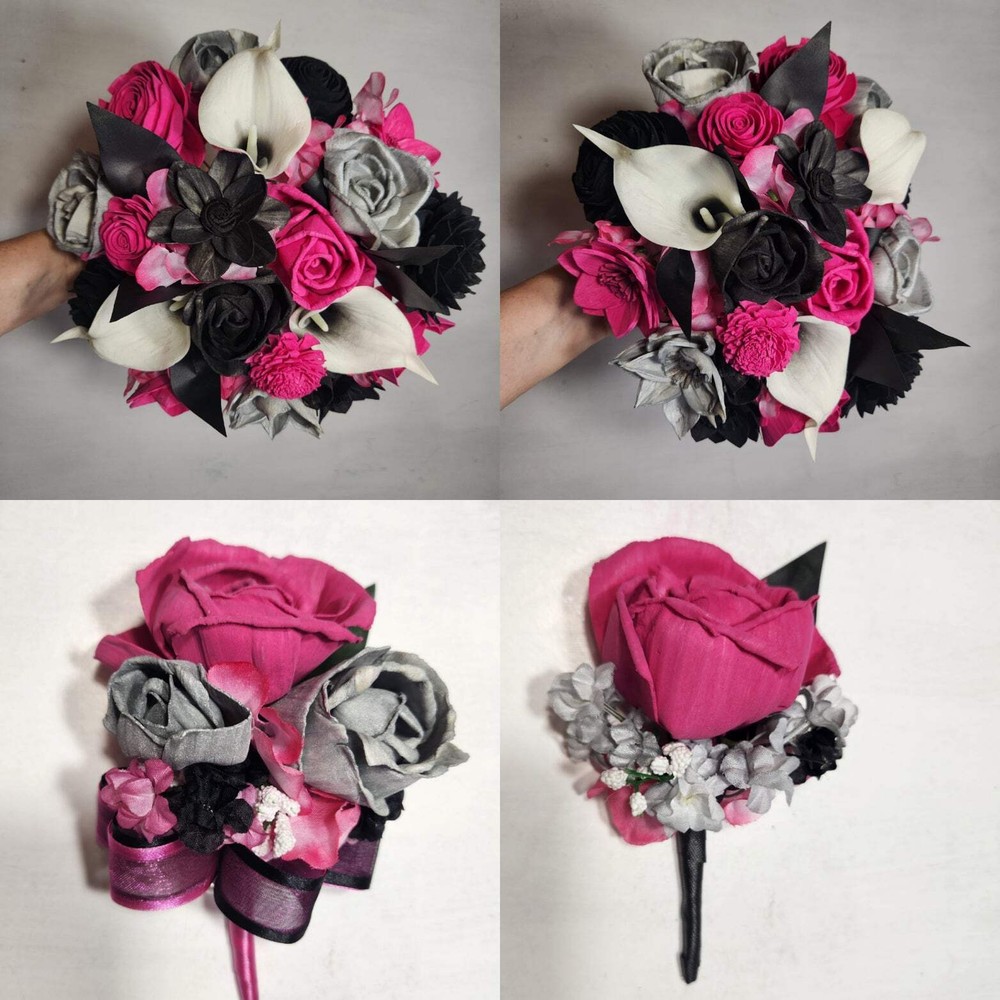 Fuchsia Silver Black Rose Calla Lily Bridal Wedding Bouquet Accessories