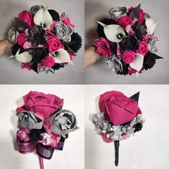 Fuchsia Silver Black Rose Calla Lily Bridal Wedding Bouquet Accessories