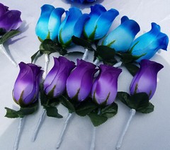 25 pc, Wedding Bouquet Package, Blue & Purple Roses, White Flower, White Ribbon