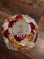 Bridal Flower Wedding Bouquet Rhinestone Pearls Silk Satin Burgundy Gold Cream