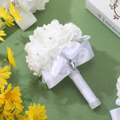 Elegant 10-Piece White Rose Wedding Bouquet Set with Diamond Ribbons