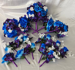 Wedding Bouquet Set, Purple, Blue, White, Roses, Orchids, 17 Piece Wedding Pkg