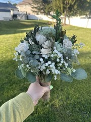 Solo Wood White and Green Wedding Flower Bouquet with Roses and Succulents