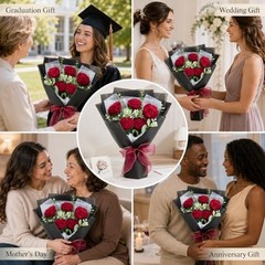 Crochet Flower Bouquet, Red Handmade Knitted Flowers,Crochet Flower Black&Red