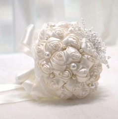 White Artificial Rose Wedding Bouquet, Satin with Pearl and Rhinestone Accents