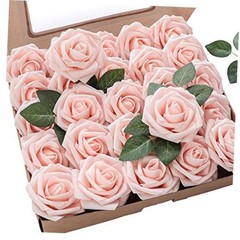 Artificial Flowers 25pcs Real Looking Blush Foam Fake Roses with Stems for