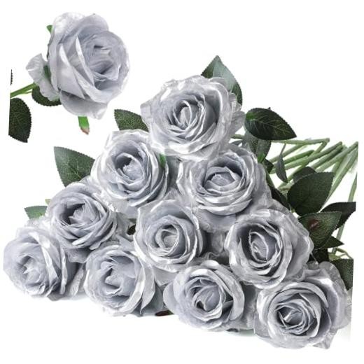 Artificial Silk Rose Flower Bouquet Lifelike Fake Rose for Wedding Home Silver