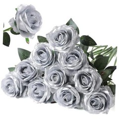 Artificial Silk Rose Flower Bouquet Lifelike Fake Rose for Wedding Home Silver