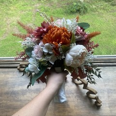 Beautiful Bridal Wedding Bouquet Budget Handmade Faux Floral Orange Purple Pink