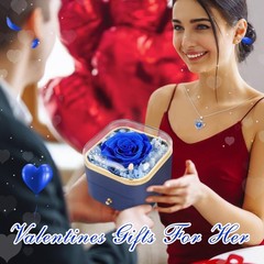 Gifts for Mom Preserved Real Blue Rose with Necklace B Dark