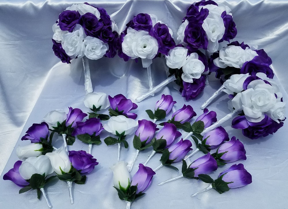 25 PC Wedding Bouquet Package, Purple & White Roses, Wedding Flower Bouquet Set