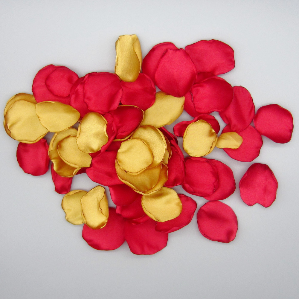 50 Red & Gold Satin Flower Petals For Wedding Decor